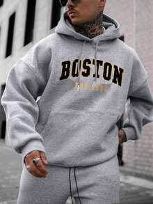 Sudadera con capucha casual con estampado de letra Boston para hombres, de vuelta a la escuela, otoño/invierno - Gris - Ver 5