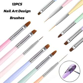 12PCS/6PCS Nail Art Brushes Kit, Acrylic & Gel Nail Design Tools With Macaron Colors Crystal Handle, Double-Ended Nail Dotting Tools, Fine Liner, Detail Painting Brushes, For Nail Drawing, For DIY Manicure & Salon Use