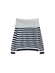 Korean Style Striped Off-Shoulder Knit Long Sleeve Sweater Top (Random Stripe) - White and Navy Stripes - View 5