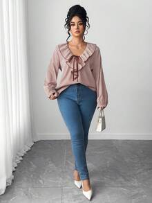 Áo kiểu nữ cỡ lớn tay dài kẻ caro, có bèo nhún và thắt nơ, thích hợp mặc hàng ngày, ngày Quốc khánh, Lễ Tạ ơn, mùa xuân. - Màu Đỏ Sâu - Xem 7