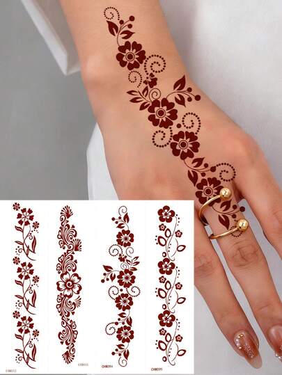 4pcs Waterproof Brown Henna Tattoo Stickers For Women Flower Temporary Tattoos Fake Tattoo For Hand Foot Festival Wedding Women Body Wear