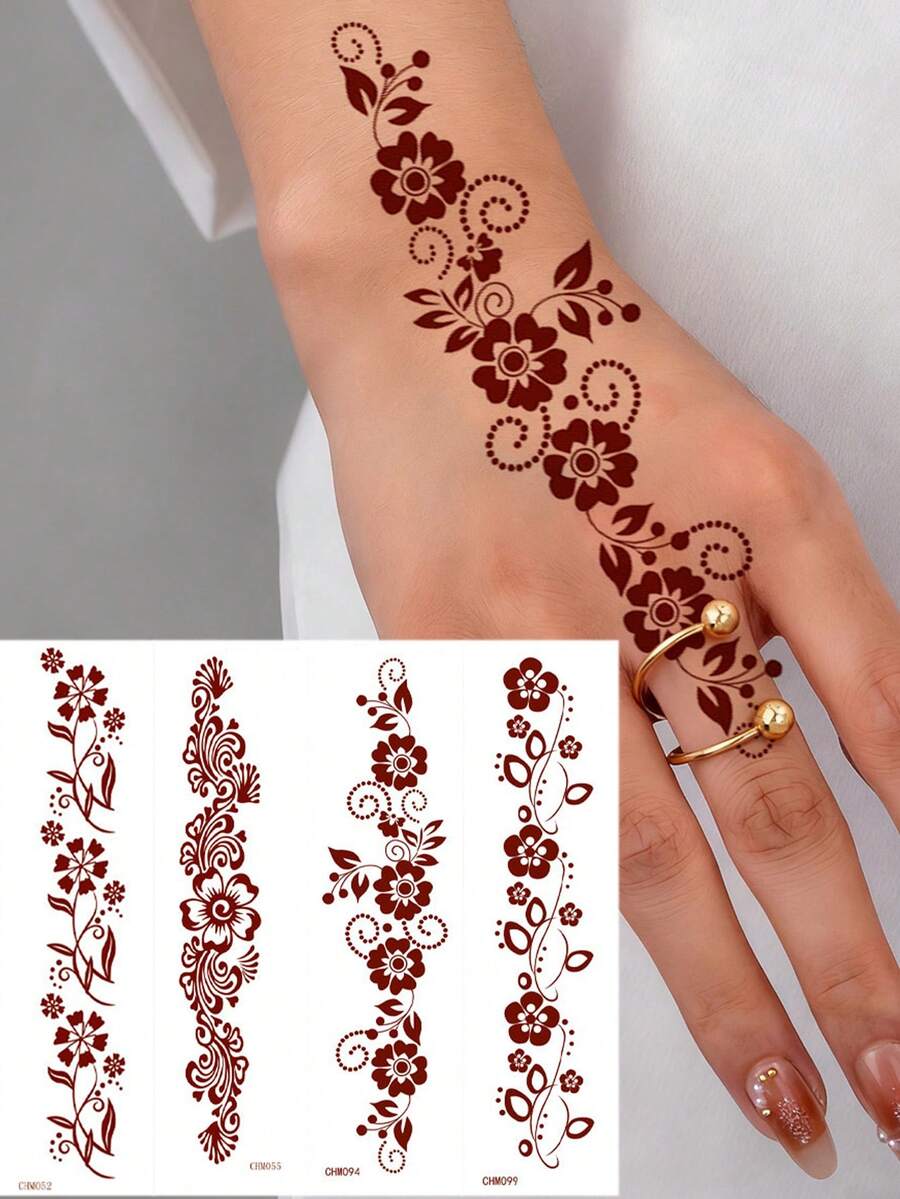 4片装防水棕色海娜纹身贴纸,女士花朵临时纹身,适用于手脚、节日、婚礼等场合,可作身体彩绘。 - 棕色 - 查看 1