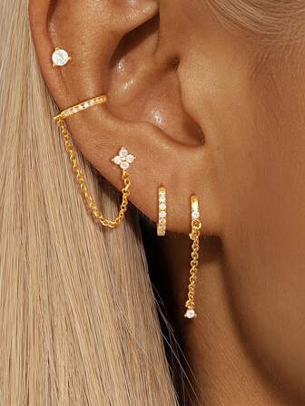 4件套优雅镀金立方氧化锆长链吊坠耳环，女士耳钉，女士耳环套装