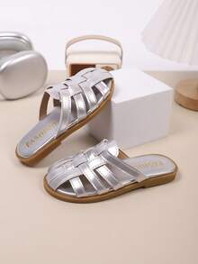 儿童时尚户外凉鞋夏季方头平底鞋系带凉鞋新款女童鞋时尚沙滩拖鞋 - 銀色 - 查看 5