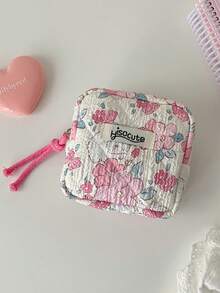 1 PC Girl'S Fresh And Cute Flower Sanitary Napkin Storage Bag, Portable Square Small Makeup Bag, Student Sanitary Pad Bag