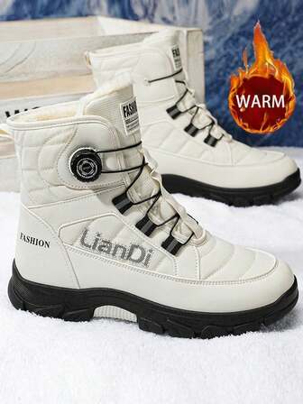 Men's Snow Boots, New Winter High-Top Thick Fur Lining Warm Boots, Thick Sole Anti-Slip Leather Boots, Outdoor Hiking Shoes With Rotating Button Design, Classic Mid-Calf Fur Collar Boots, Anti-Slip Thick Sole, Super Cold-Resistant, Ice And Snow World Winter Essential Snow Boots For Men