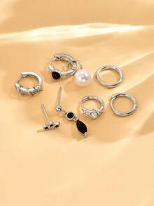 7件套优雅黑色锆石耳钉套装，简约风格，适合女性约会、派对和日常佩戴 - 銀色 - 查看 3