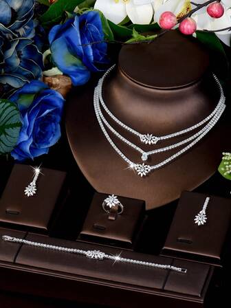 1 Set Cubic Zirconia Multi-Layer Floral Decor Jewelry Set, Suitable As Birthday Gift For Women