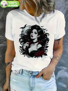 Camiseta Gótica Gráfica para Mujer   Camiseta Negra de Cuello Redondo con Rosas Rojas y Diseño de Luna Llena   Camiseta Suave de Poliéster para Uso Diario y Disfraces de Halloween   Top Casual de - Blanco - Ver 2