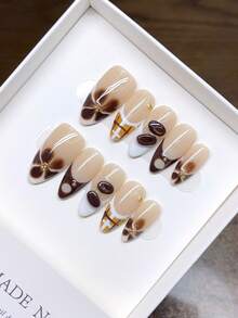 Ten Handcrafted Almond-Shaped Nail Art Pieces, Featuring Hand-Painted And Sculpted French Floral Designs, 3D Tropical Floral Carvings, And A Press-On Style. These Are High-Quality, Elegant, And Minimalist Nail Art Designs Made Of Acrylic For Autumn. - Multicolor - View 4