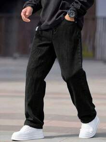 1pc Men's Black Straight Loose Fit Jeans, Solid Color Comfortable Casual Jeans, Suitable As Gift For Husband Or Boyfriend - Black - View 1