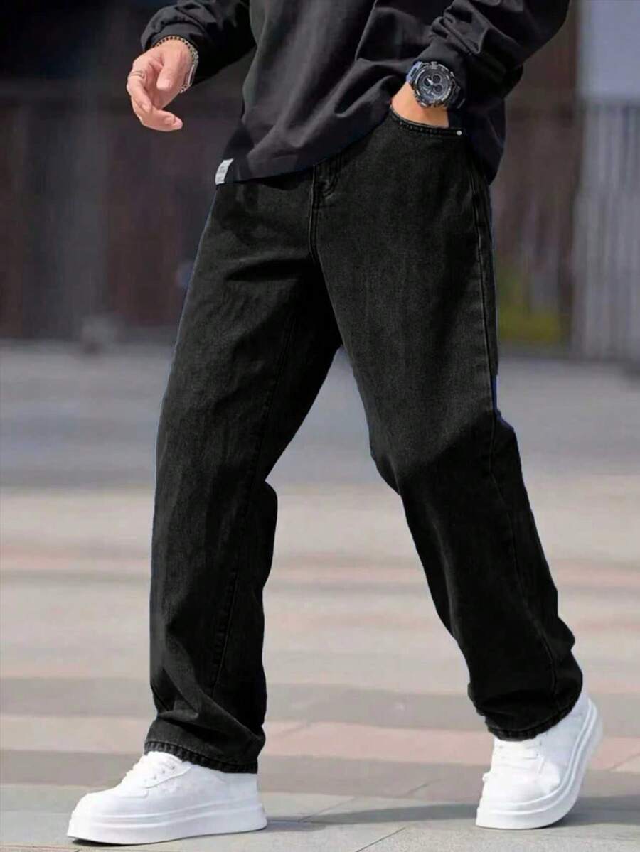 1pc Men's Black Straight Loose Fit Jeans, Solid Color Comfortable Casual Jeans, Suitable As Gift For Husband Or Boyfriend - Black - View 1