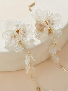 1 paire de boucles d'oreilles élégantes 3D de fleurs blanches, bijoux de luxe délicats avec de longs pompons en pétales, boucles d'oreilles pour fête, cadeaux d'amitié - boucle d'oreille - Voir 8