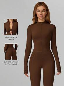 MFVIM Deep Brown Slim Fit Thermal Jumpsuit, Comfortable Casual Sexy Activewear For Yoga, Gym, Running And Workout, Versatile Autumn/Winter Jumpsuit - Coffee Brown - View 4