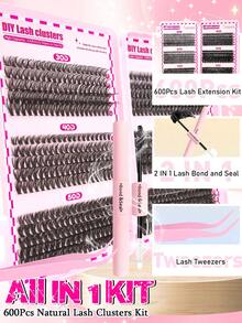 Estuche de 4 piezas para pestañas: Libro de pestañas, cepillo de pestañas, pinzas, pegamento, pestañas postizas de visón falso 30D/40D/50D/60D/80D/100D, rizado D, longitud mixta 8-16mm, 600 racimos/caja, naturales y esponjosas, con escualeno vegetal, reutilizables, adecuado para principiantes en extensión de pestañas DIY - Negro - Ver 4