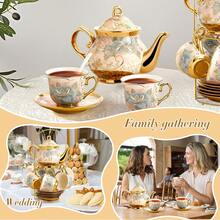 20-Piece Porcelain Tea Set, European-Style Floral Gold-Trimmed Cups & Saucers With Metal Holder, Elegant Ceramic Gift Set For Afternoon Tea & Parties - Blue Pink - View 3