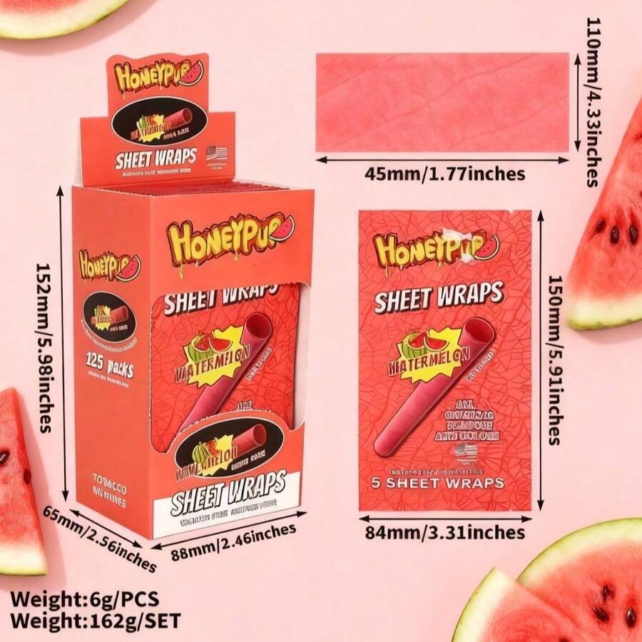 3 Packs HONEYPUFF King Size (110mm) Cigar Roll Paper, Cigar Skin, Sheet Wraps, 5 Sheets/Pack, Multiple Colors | For Any Smokers - 西瓜口味3包(15片) - 查看 1