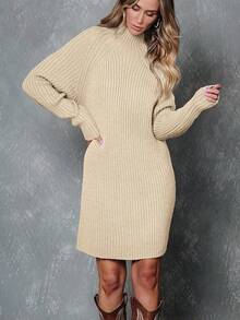 2026 Women's Casual Knit Dress Sweater Dresses For Women  Fall Fashion Mock Neck Long Lantern Sleeve Oversized Outfits Knit Tops Clothes ​ , Bodycon Long Sleeve ​ For Sports Outdoor Wear, Loose Fit Long Sleeve Comfy Daily Outfits For Women - 杏 - 查看 3