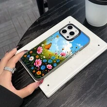Colorful Silver Apple Phone CaseButterfly In A Meadow Of Colorful Flowers Under A Cloudy SkyCompatible With  11 To  17 Models The Cases Lens Protection Function Ensures The Camera Remains Undamaged During Shooting  Guaranteeing Image Quality - Black - View 5