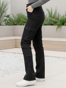 Pantalones vaqueros cargo de mezclilla de pierna recta para mujer, largos - Negro - Ver 3