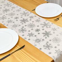 1 pieza Camino de mesa rectangular de 270cm*28cm de algodón con estampado de ciervo y copos de nieve en dorado, decoración navideña y de fiesta