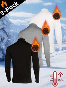 3 件男士保暖上衣 - 黑色、白色、灰色高领长袖，男士弹力紧身运动服，带羊毛隔热层，适合健身、跑步、滑雪和户外运动 - 彩色 - 查看 3