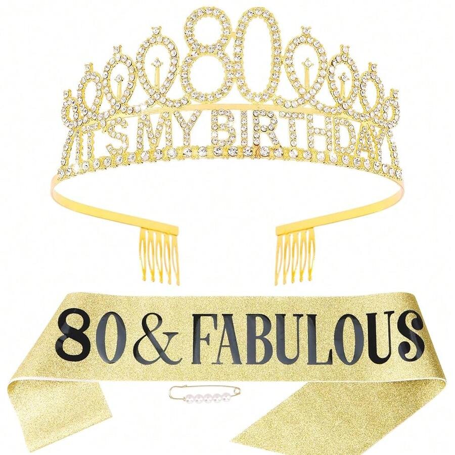 80th Gold Birthday Decorations For Women Set- It's My Birthday Crown And Sash With 80 & Fabulous, Happy 80th Party Decorations Gifts For Women{Inchcolorinch:Inch80thinch} - 第80屆 - 查看 1