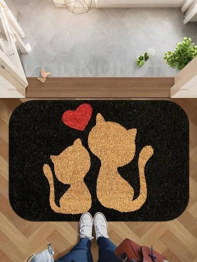 1 Stück Katzenschnurrbart-Wunder Katzenschattenmatte, Polyester Rechteck Fußmatte mit rutschfester PVC-Rückseite, maschinenwaschbar, Innen-/Außenbereich Anti-Verschmutzungs-Teppich, Eingangsmatte mit Herzdesign
