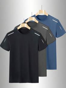 3件装男士夏季休闲运动速干透气短袖T恤，带反光标志，面料柔软舒适，适合健身、跑步和户外活动 - 彩色 - 查看 2
