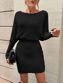 Vestido de punto de manga larga para mujer, de estilo minimalista vintage, perfecto para el otoño y el invierno, que realza las curvas de la figura. - Negro - Ver 8