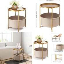 Danpinera Round Side Table With Fabric Storage Basket, Metal Side Small Bedside Table Nightstand With Removable Tray Top For Living Room, Bedroom, Nursery, Laundry,(Gold 1) - Type5 - 查看 1