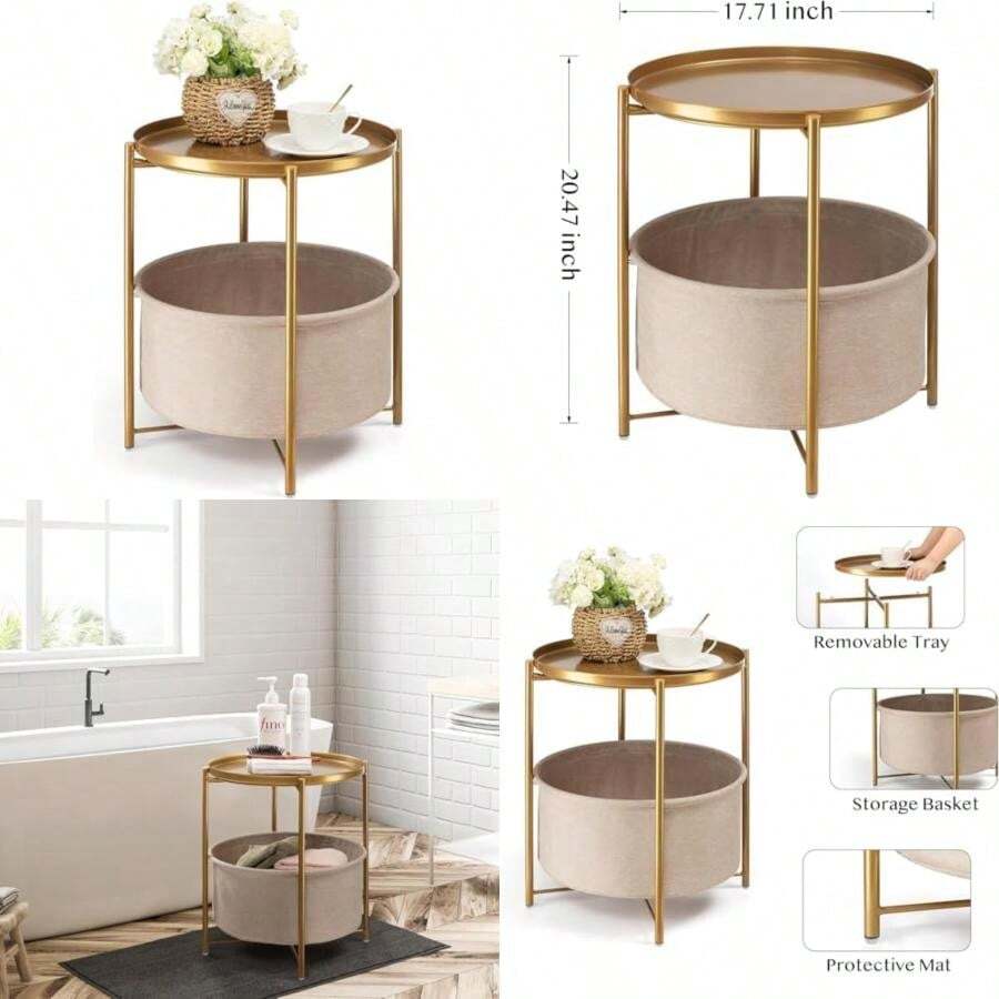 Danpinera Round Side Table With Fabric Storage Basket, Metal Side Small Bedside Table Nightstand With Removable Tray Top For Living Room, Bedroom, Nursery, Laundry,(Gold 1) - Type5 - 查看 1