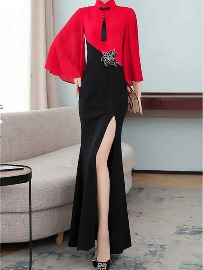 Women's Solid Color Patchwork Long Sleeve Split Hem Slim Fit Elegant Cheongsam