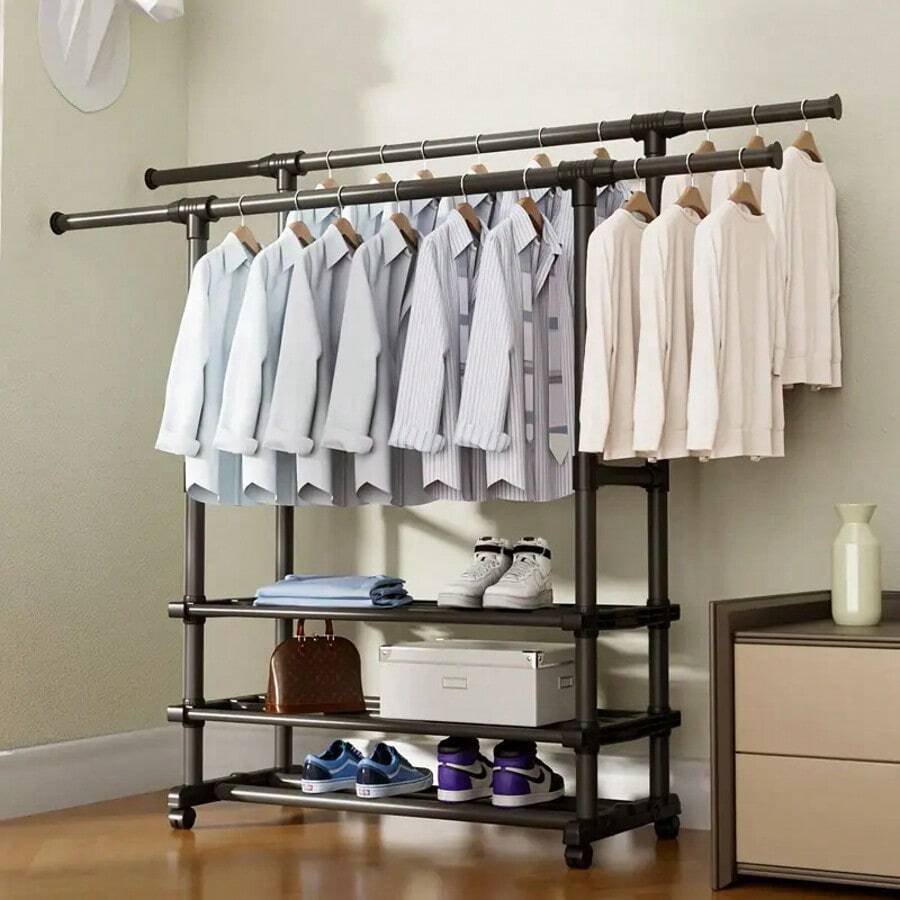 Perchero Ajustable de 1/2 Barras con Ruedas y Tendedero - Organizador de Ropa Expandible con Estante para Zapatos y Almacenamiento, Ideal para Dormitorio, Salón, Armario, Perchero Independiente Negro Moderno, Solución de Almacenamiento Versátil, Diseño Contemporáneo, Construcción Robusta, Organización del Hogar, Diseño Minimalista, Material Duradero, Organizadores para el Hogar, Tendedero de Ropa, Perchero para Colgar Ropa, Estante para Ropa - Negro - Ver 1