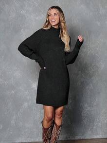 2026 Women's Casual Knit Dress Sweater Dresses For Women  Fall Fashion Mock Neck Long Lantern Sleeve Oversized Outfits Knit Tops Clothes ​ , Bodycon Long Sleeve ​ For Sports Outdoor Wear, Loose Fit Long Sleeve Comfy Daily Outfits For Women - 黑色 - 查看 2