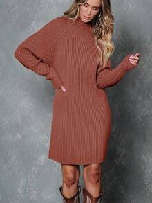 2026 Women's Casual Knit Dress Sweater Dresses For Women  Fall Fashion Mock Neck Long Lantern Sleeve Oversized Outfits Knit Tops Clothes ​ , Bodycon Long Sleeve ​ For Sports Outdoor Wear, Loose Fit Long Sleeve Comfy Daily Outfits For Women - 焦糖 - 查看 3