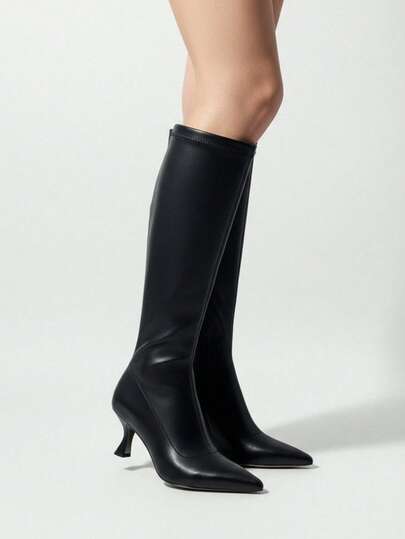 2025秋冬季尖头高跟过膝长靴，专为娇小女性设计，修身弹力长靴，侧拉链，通勤及办公穿着，猫跟