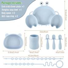 Silikongeschirr-Set: Krabben-Teller, Bären-Schüssel mit Saugfuß, Trinkbecher, 3 Stücke Fütterungslöffel, 2 Stücke Antiverlust-Kette, alles spülmaschinenfest & mikrowellengeeignet