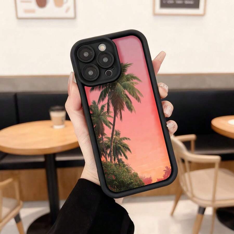 Funda de teléfono con borde protector negro color rosa con estampado de palmeras y atardecer para uso diario en cafeterías Aplicable a los teléfonos de la serie Apple y Galaxy - Burdeos - Ver 1
