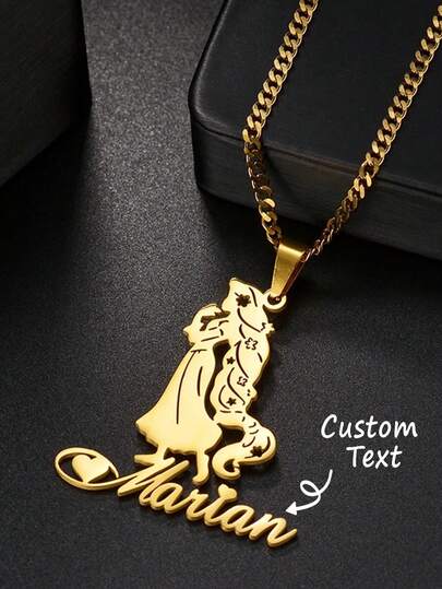 1pc Cuban Chain Gold-Plated Girl Heart-Shaped Engraved Pendant Personalized Name Necklace, Fashionable, Colorful, Retro, Simple, Neutral, Casual, Cute, Customized, Personalized, Unique, Is The Ideal Gift For Her. Boyfriend, Girlfriend, Dad, Mom, Family, Friends, Anniversary, Birthday, Graduation Ceremony, Ball, Gold Jewelry, School Supplies,