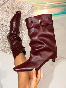 女士尖头褶裥西部风格搭扣装饰优雅中筒靴，时尚女士短跟鞋 - 酒紅色 - 查看 5