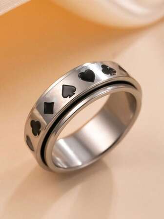 1pc Colorful Playing Card Pattern Stainless Steel Rotating Ring, Suitable For Men And Women, Stress Relief Daily Wear, Valentine's Day Gift