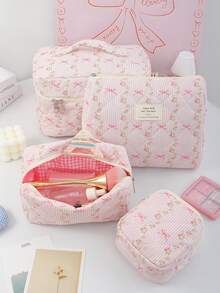 粉色爱心蝴蝶结洗漱化妆包套装，女孩甜美大容量多功能收纳包手拿包化妆包笔袋，带拉链，可收纳护肤品、化妆品、唇油、防晒霜、护手霜、耳机、零钱、文具、卫生巾、卫生棉条、小物件、宿舍必备、旅行必备、妈妈礼物、老师礼物、闺蜜礼物 - 粉色 - 查看 3