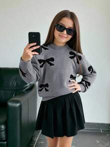 1件宽松舒适休闲户外时尚百搭韩版个性化针织长袖加厚保暖套头毛衣，带蝴蝶结元素，适合少女，春/秋/冬季穿着 - 灰色 - 查看 3