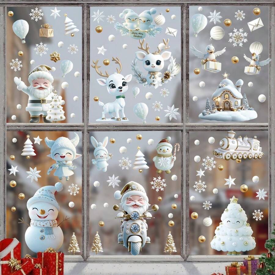 Christmas Window Clings Removable Holiday Santa Glass Decals Decor For Home Office Party Celebration - White - View 1