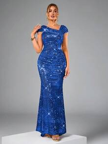 CHOSMO 新款亮片婚纱，修身高腰正式礼服，优雅露背开衩长裙，春季派对礼服 - 寶藍色 - 查看 3