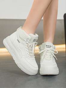 Women's Casual Sneakers, New High-Top Skateboard Shoes, Thick Sole Elevator Flat Round Toe Slip-On Skate Shoes, White, Breathable Deodorizing Personalized Street Style Motorcycle Boots, Outdoor Travel Holiday Leather Motorcycle Boots - White - View 7