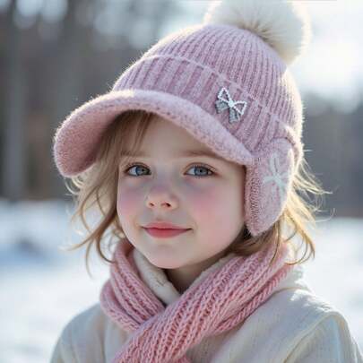 儿童冬季保暖加厚帽檐针织帽，带蝴蝶结和毛球装饰，护耳设计，适合日常佩戴、雪地旅行、骑行，适合4-8岁儿童