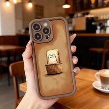 Cubierta de teléfono con borde negro y diseño de pan tostado con gato en cesta color marrón claro para uso diario en cafeterías y espacios casuales Aplicable a los teléfonos de la serie Apple y Galaxy - Blanco - Ver 4