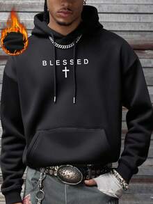 Men's Casual Minimalist Slogan Print Thermal Lined Hoodie Sweatshirt, Autumn/Winter